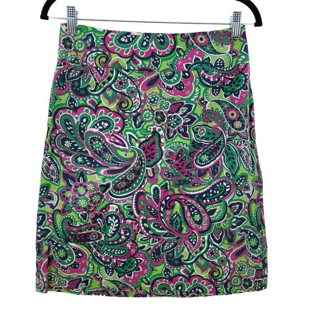 Talbots Petite Skirt 4P Green Pink Graphic Paisley Print Cotton Lightweight Mini